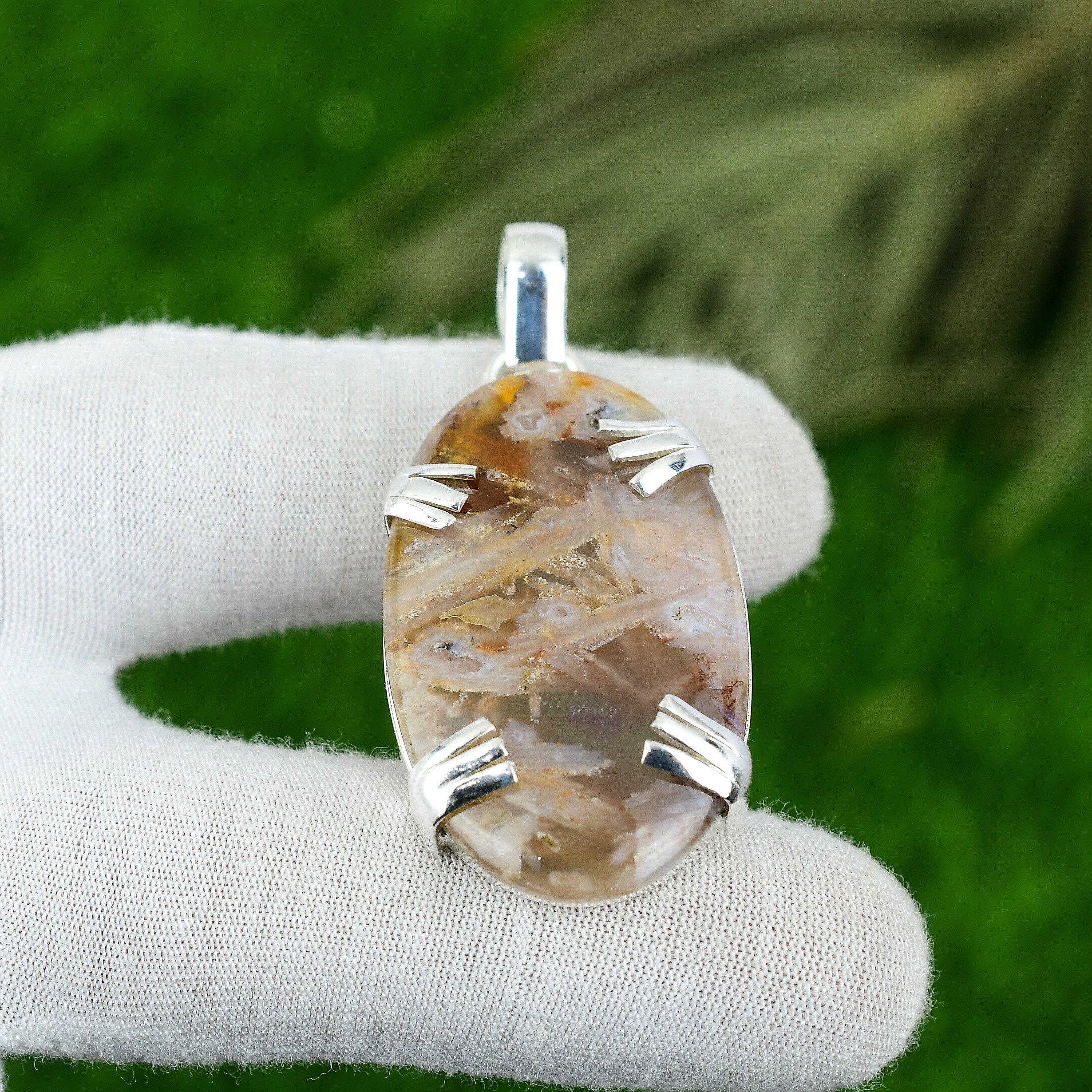 Birthday Gift For Her Natural Stick Agate Gemstone Pendant 925 Sterling Silver