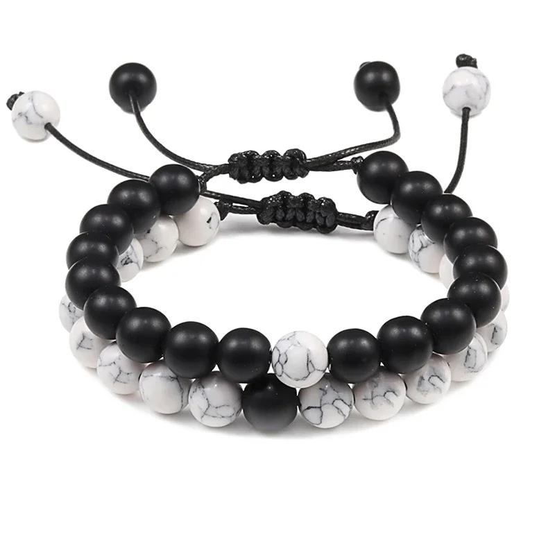 Hot 2pcs/Set Couples Distance Braid Bracelets Natural Stone White And Black Ying Yang Beads Bracelet Best Friend Strand Jewelry