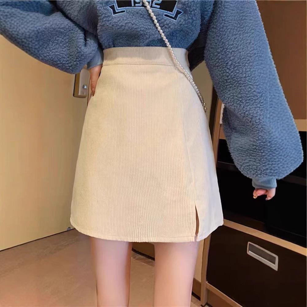 

Women s White Corduroy A-Line Midi Skirt - High Waist, Bodycon Fit, Slit Detail, 2025 Spring/Autumn Collection. M