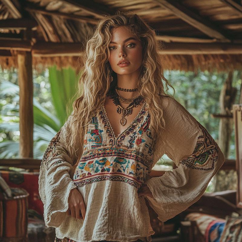 Camicetta da Donna Scollo a V Manica Lunga Vestibilità Regolare Casual Stampa Floreale Camicia Boemia