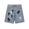 Streetwear Cross Patch Denim Shorts Men Relaxed Fit Ripped Vintage Wash Mid Length