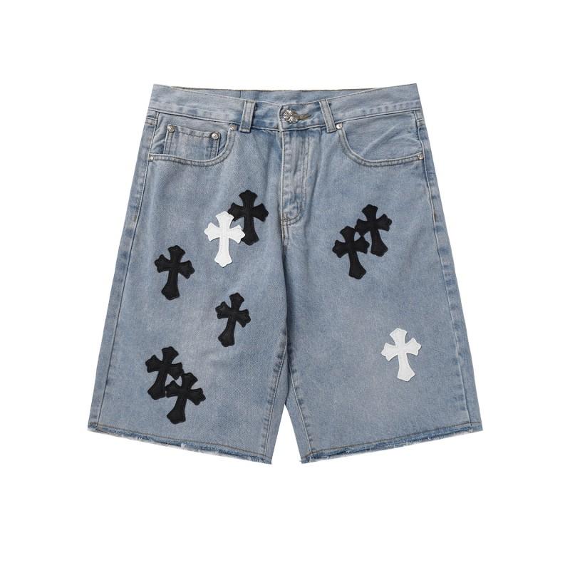 Streetwear Cross Patch Denim Shorts Men Relaxed Fit Ripped Vintage Wash Mid Length