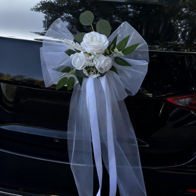 7-teiliges Set Hochzeitsauto Türgriff Spiegel Blumen-Set Band Schleifen Weiße Künstliche Rose Just Married Auto Dekor Zubehör