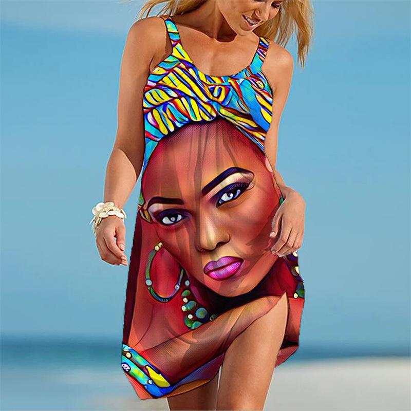 Été Nouveau 3D Femmes Impression Portrait Photo Impression Robe de Plage d'Été Robe Courte Vacances Bord de Mer Robe Sexy Été