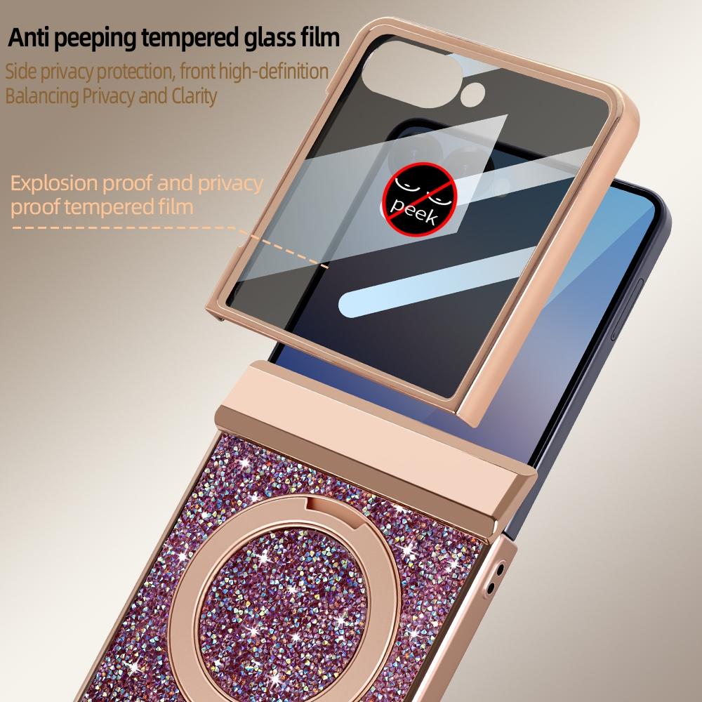 Anti-peeping Tempered Glass Bling Diamond Case For Samsung Galaxy Z Flip 7 Flip6 Magnetic Metal Bracket Hinge Shockproof Cover