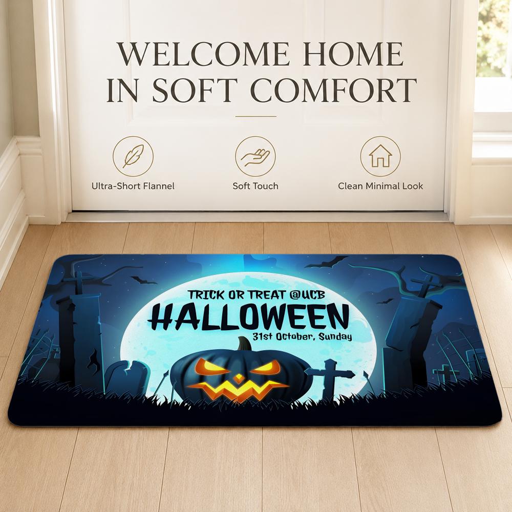 Pretty Happy Halloween Party Floor Mat Cozy Minimalist Flannel Area Rug Anti-Slip Washable Bedroom Living Room Decor