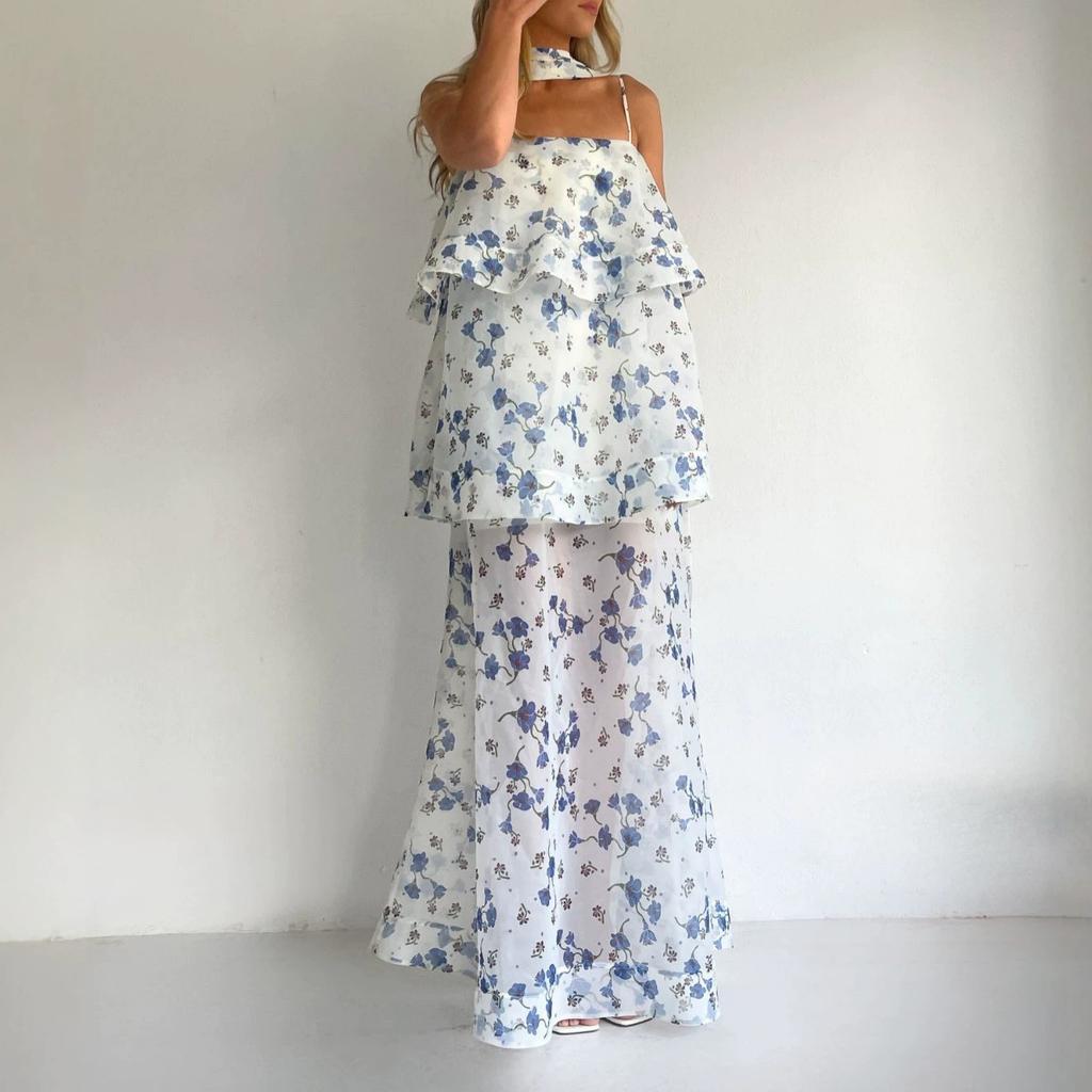  European and American Amazon women's clothing new floral streamer suspender ruffle loose top wide swing long skirt set