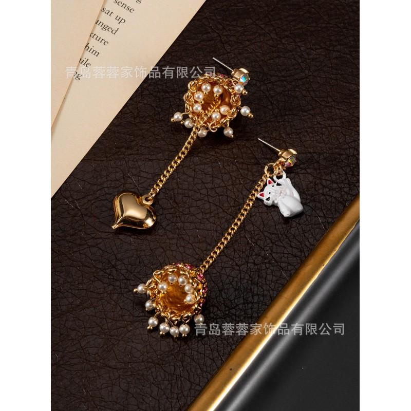 French Fairy Tale AB Style Wind Chime Tassel Earrings Personalized Cat Love Pendant Sweet Vintage High-end Feel
