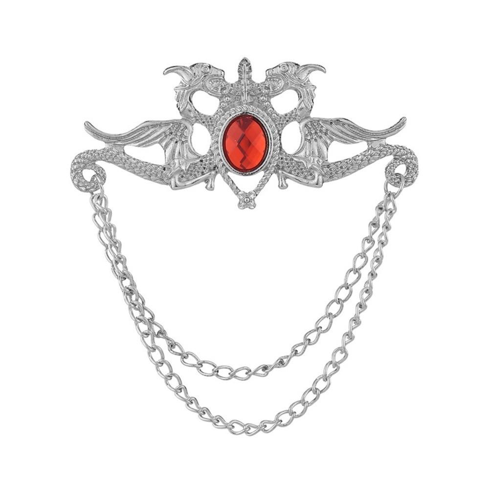 Tassel Chain Suit Collar Pin Rhinestone Suit Lapel Pin Chinese Dragon Tassel Brooch  Male Charm Silver Red 6.8cm