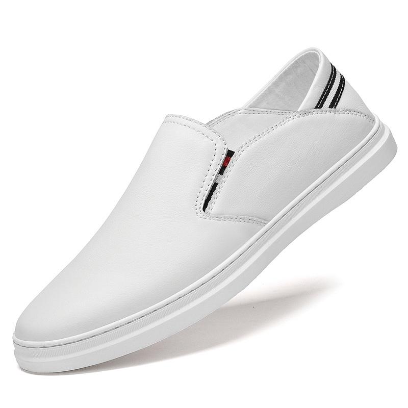 Men s Top Layer Cowhide Slip-on Loafers, Soft Sole, Versatile White Casual Shoes Size 44