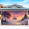 2D Plane, Space-themed Fantasy Scenery Background Cloth, Mountain, Planet and Nebula Design, Polyester