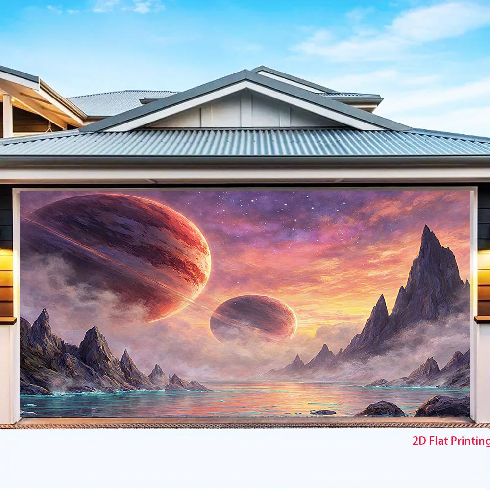 2D Plane, Space-themed Fantasy Scenery Background Cloth, Mountain, Planet and Nebula Design, Polyester