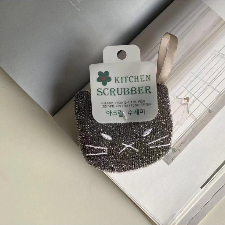 New Korean Style Cartoon Cat Kitchen Sponge Scouring Pad Set Thick Dishwashing Cloth Pot Brush Cleaning Wipe Rag for Household