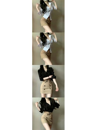 Korean Style Waist-Cinching Shirt & High-Waisted Hip-Hugging Skirt Set for Spring/Summer