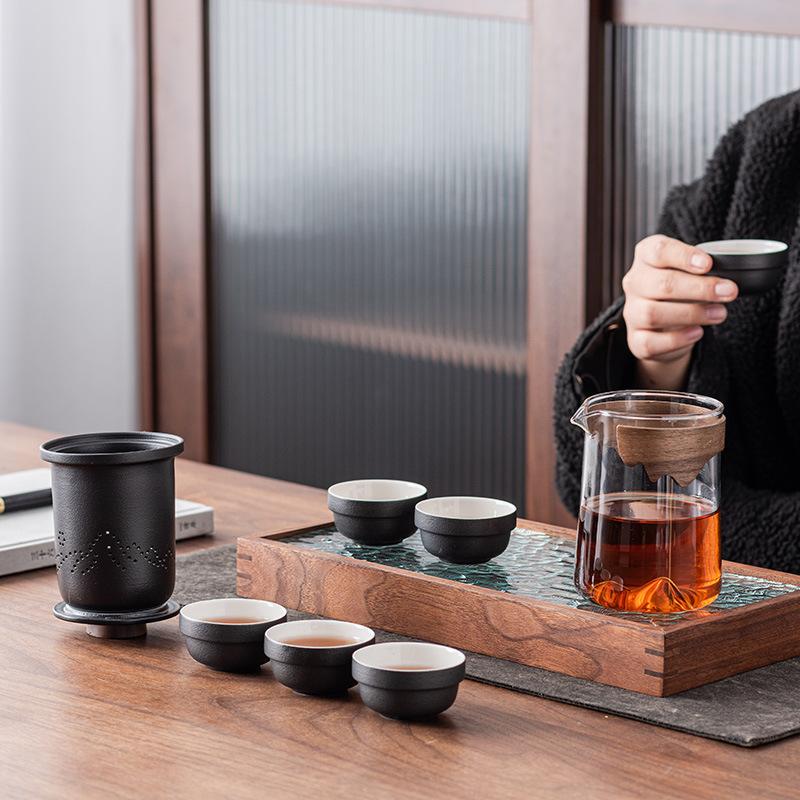 Jade white porcelain travel tea set, one pot of six cups, outdoor boutique, portable and anti-scalding express cup, high-end gifts.