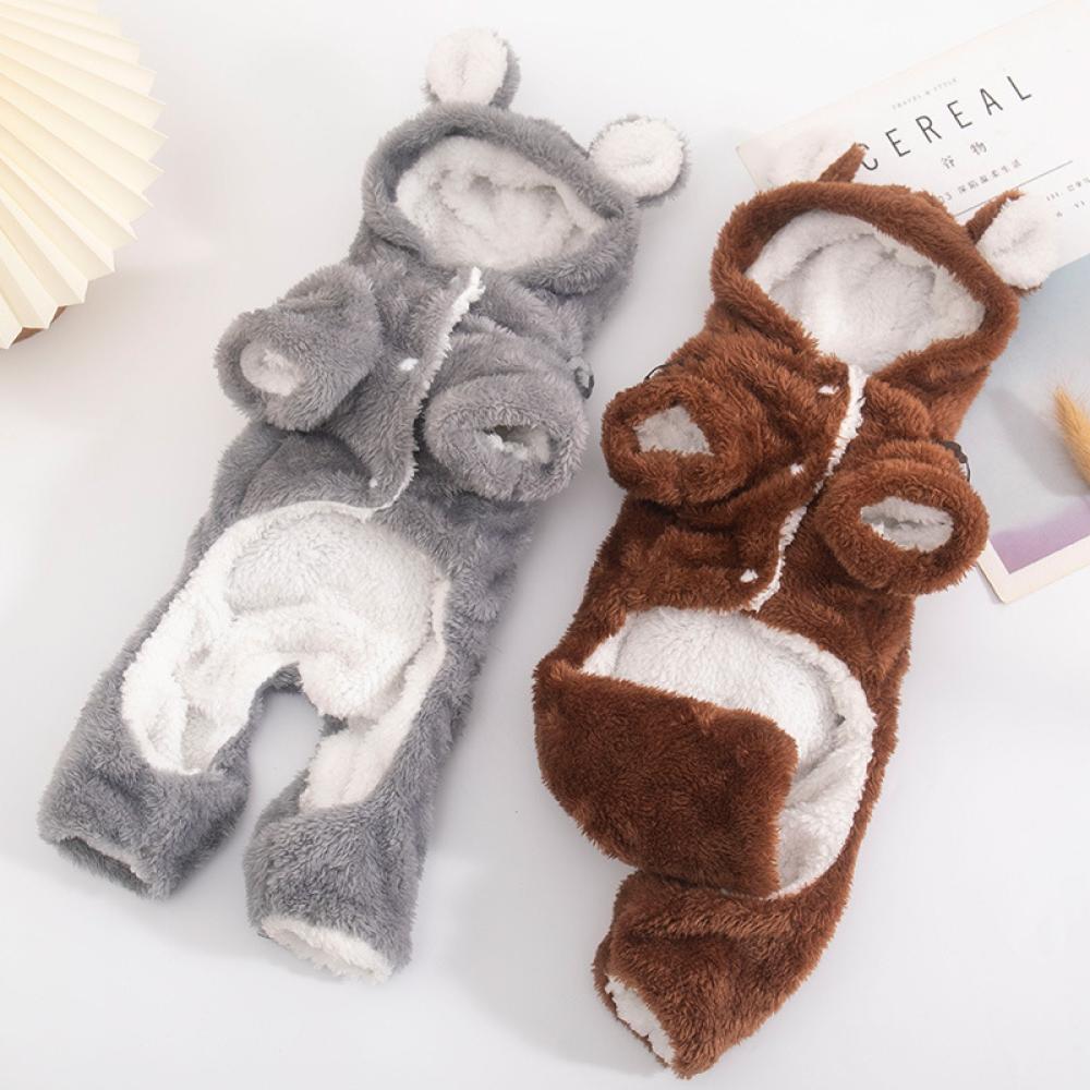 Hunde-Overall aus Polyester mit Fleece-Futter und Kapuze, Bären-Design, Vierbeinige Winter-Haustierkleidung für kleine Hunde