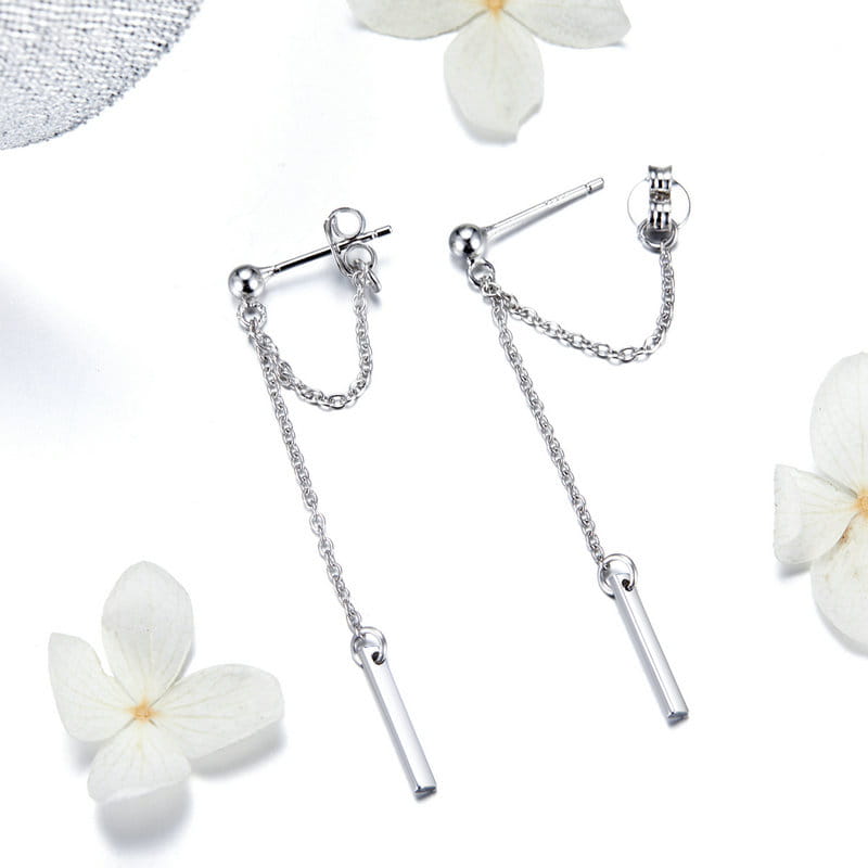 Silver ball earrings with chains, 925 silver studs