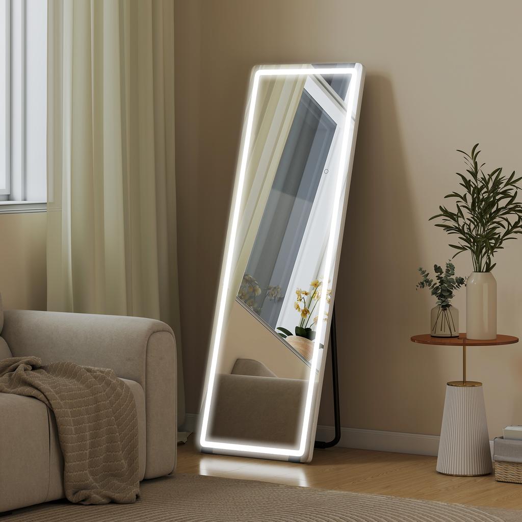 Freestanding LED Mirror, 150 x 50 cm, 3 Colors, Dimmable, Memory, 4 mm Tempered Glass, Clear