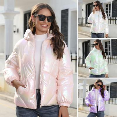 Women Winter Cotton Jacket Thick Warm Stand Collar Neck Protection Windproof Smooth Surface Pockets Zipper Closure Coat Warm Puffer Jacket Coat