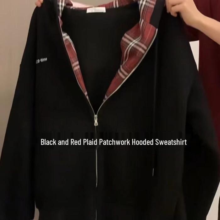 Women's Black Plaid Fleece-Lined Hooded Zip-Up Sweatshirt - Unique Design for Bestie Couples