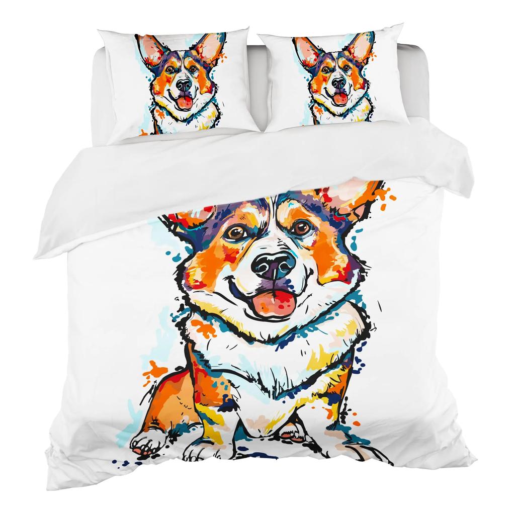 Watercolor Dog Bedding Set Cute Happy Colorful Puppy Duvet Cover Cartoon Bedding Decoration Queen for Women Children Girls Gift