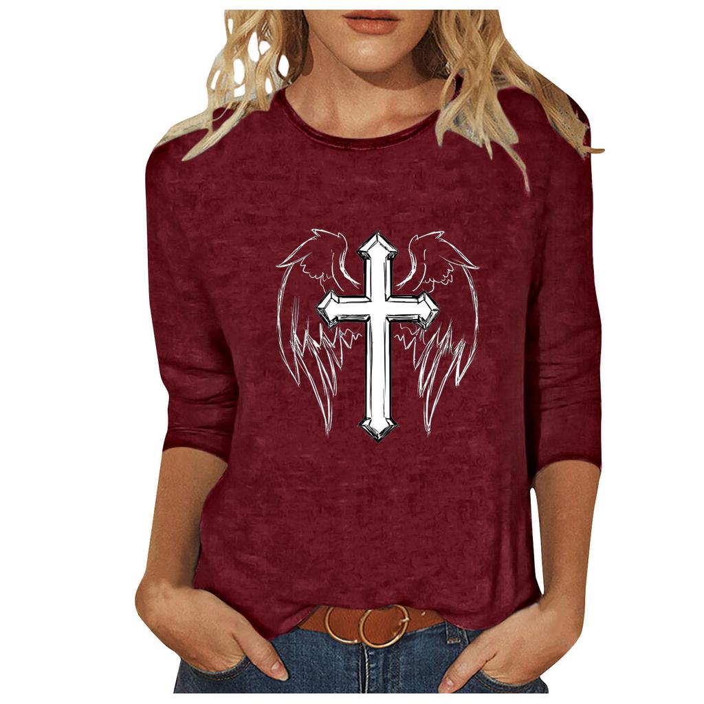 Round Neck 3D Cross Printed Top Fashionable Casual Long Sleeved Women's T-shirts