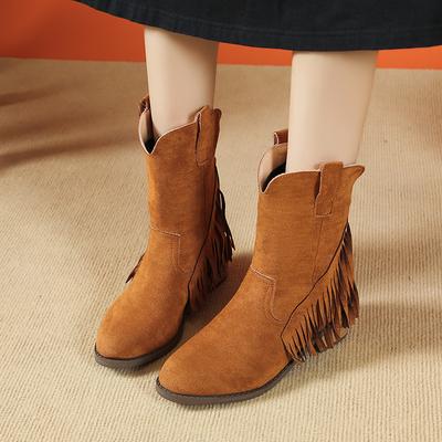 2024 Autumn and Winter Retro Women's Shoes Matte Western Velvet Boots Martin Boots Fringed Women's Trend Foreign Trade Women's Boots