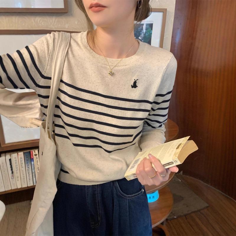 Chic Temperament Early Autumn Crew Neck Retro Striped Embroidered Inner Long-sleeved Knitted Bottoming Shirt Women's Top