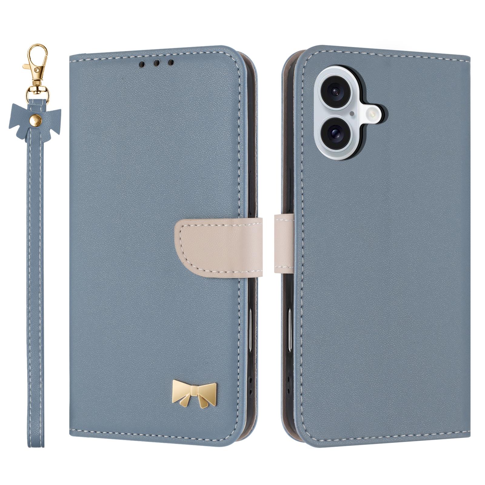 

For iPhone 17 Case Bowknot Decor Wallet Leather Phone Cover with Wrist Strap Baby Blue