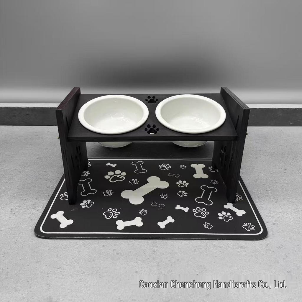 Elevated Wooden Pet Bowl Stand with Mat and Neck Protection for Cats and Small Dogs
