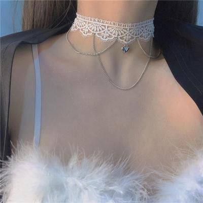Vit Spets Tofs Chokerhalsband - Söt Älvstil med Kärlek och Längtan