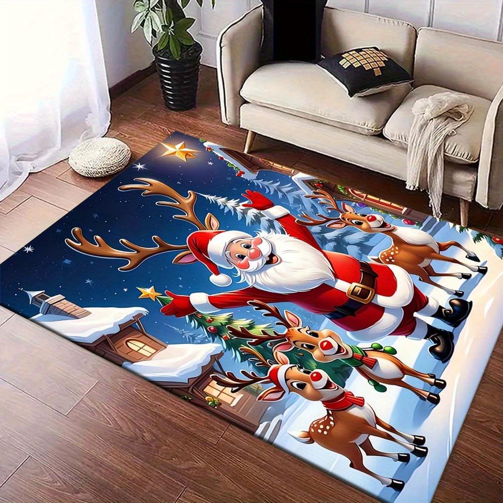 1pc Christmas Themed Rug, Santa Claus with Elk Antlers Print, Bedside Carpet, Non slip Laundry Room Mat, Machine Washable Water Absorbing En