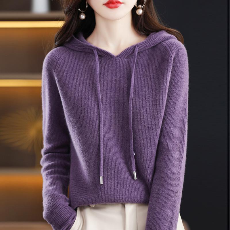 Women's 100% Wool Hooded Sweater - New Autumn/Winter Cashmere Knit Base Layer Hoodie