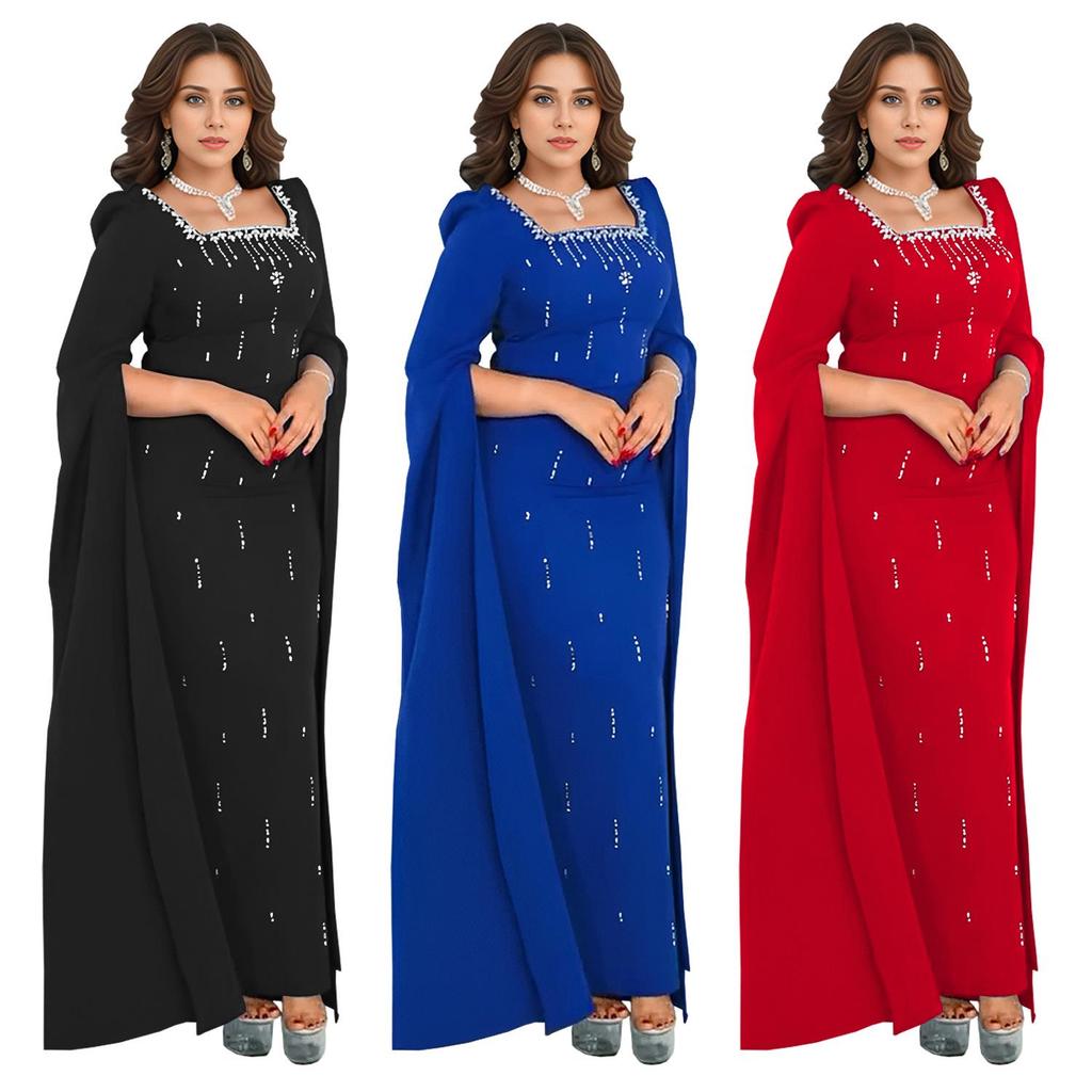Cross-Border Elegant Women's Dress with Back Slit, Cape Sleeves, and Rhinestone Details