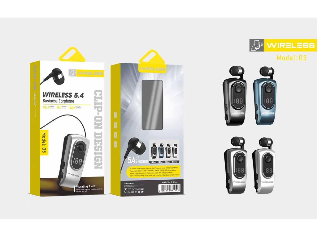 Clip-On Bluetooth Headset with Digital Display, Stereo Sound, Long Battery Life, and Retractable Cable