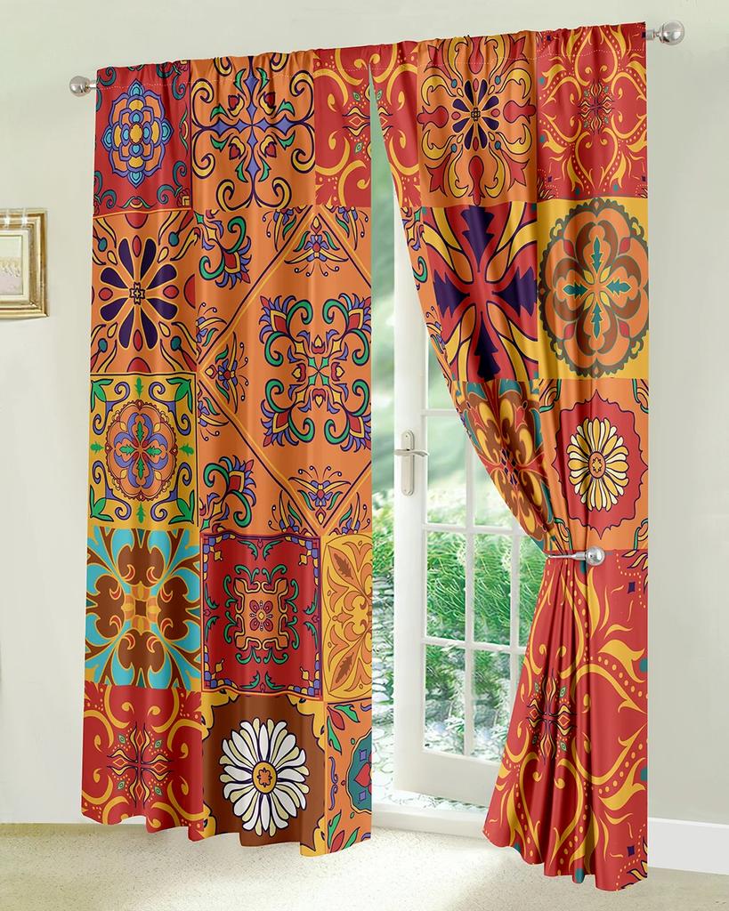 3D-Druck Personalisierte Vintage Boho Halbschattenvorhänge für Wohnzimmer 2 Stück Kostenloser Versand Schlafzimmer Schwarz&Rot Vorhänge