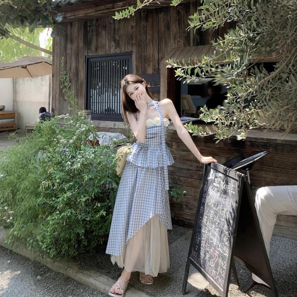 Women's Summer 2025 Floral Checkered Camisole & Irregular Midi Skirt Set