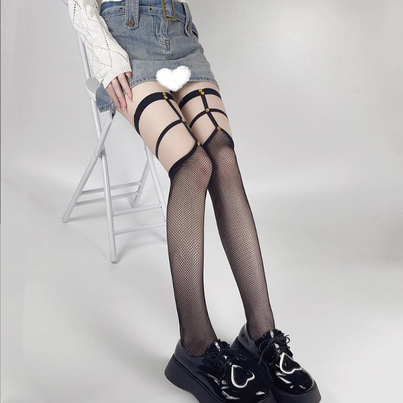 Ladies' Black Rivet Fishing Net Knee High Socks Hollow Socks Long Black Silk Suspender Sexy Silk Mesh Stockings
