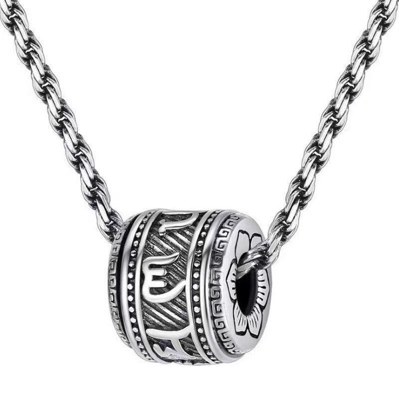 Rotatable Retro Thai Silver Six-Character Mantra Necklace: Unisex Oxidized Pendant Sweater Chain