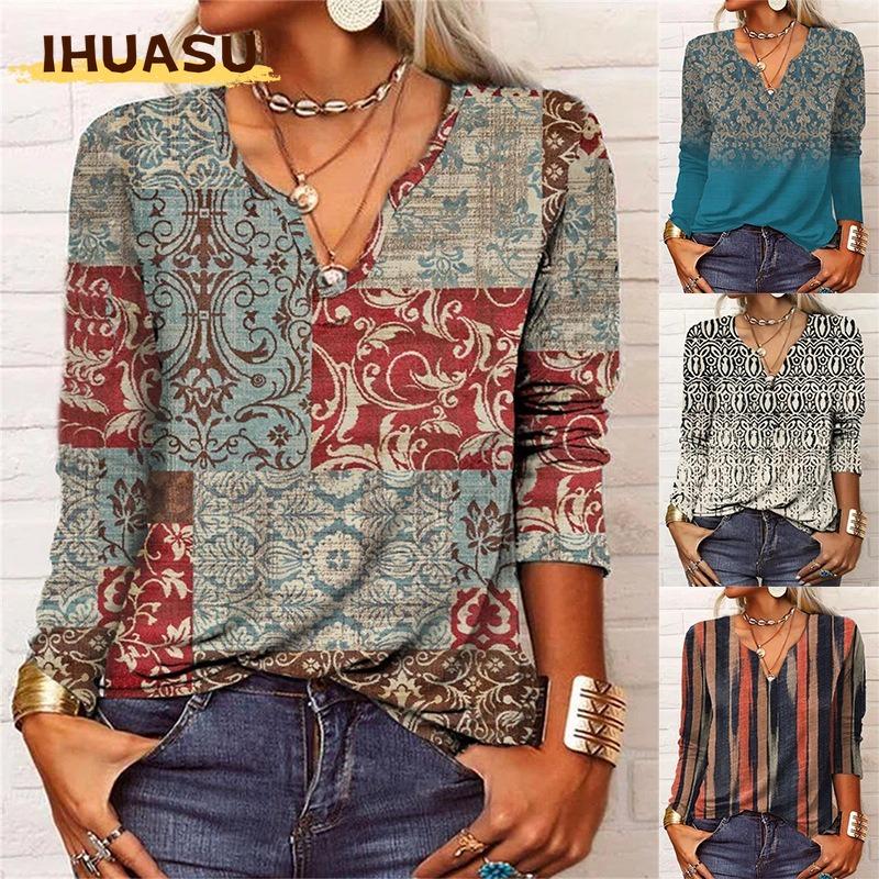 IHUASU Damska Moda Casual Bluzki i Koszule z Długim Rękawem z Dekoltem w Serek