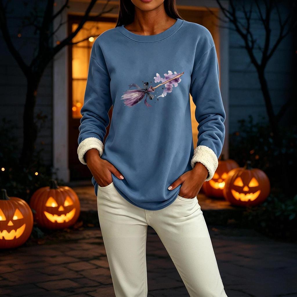 Women's Lined Long Sleeve Round Neck Halloween Print Tops for Winter Casual Wear
