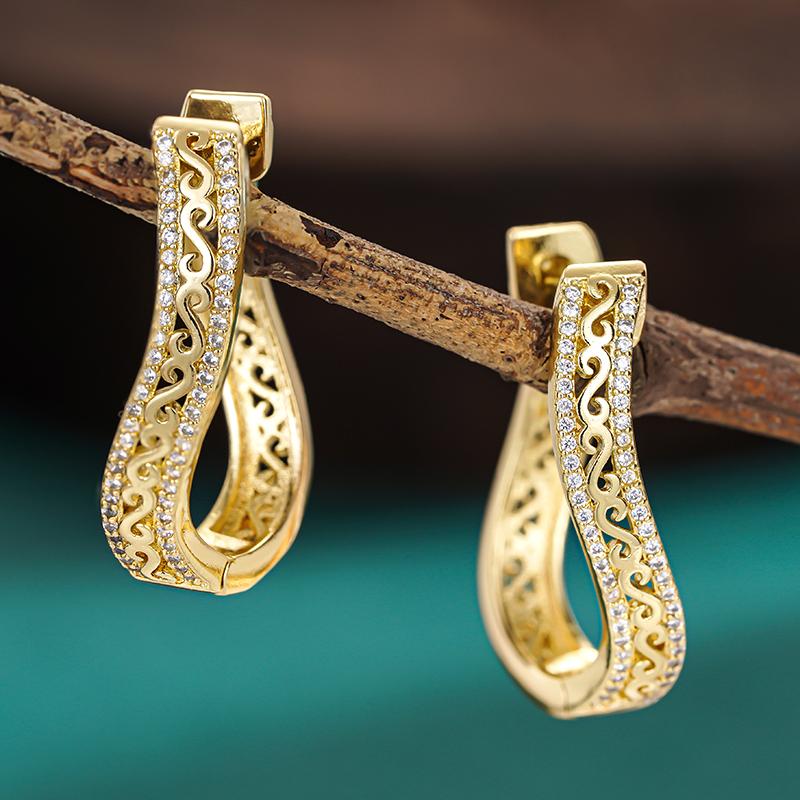 Xiaomi Huitan Hollow Out Design Women Hoop Earrings Engraved Design Elegant Party Accessories Luxury Jewelry Gold Color Inlaid Shiny CZ