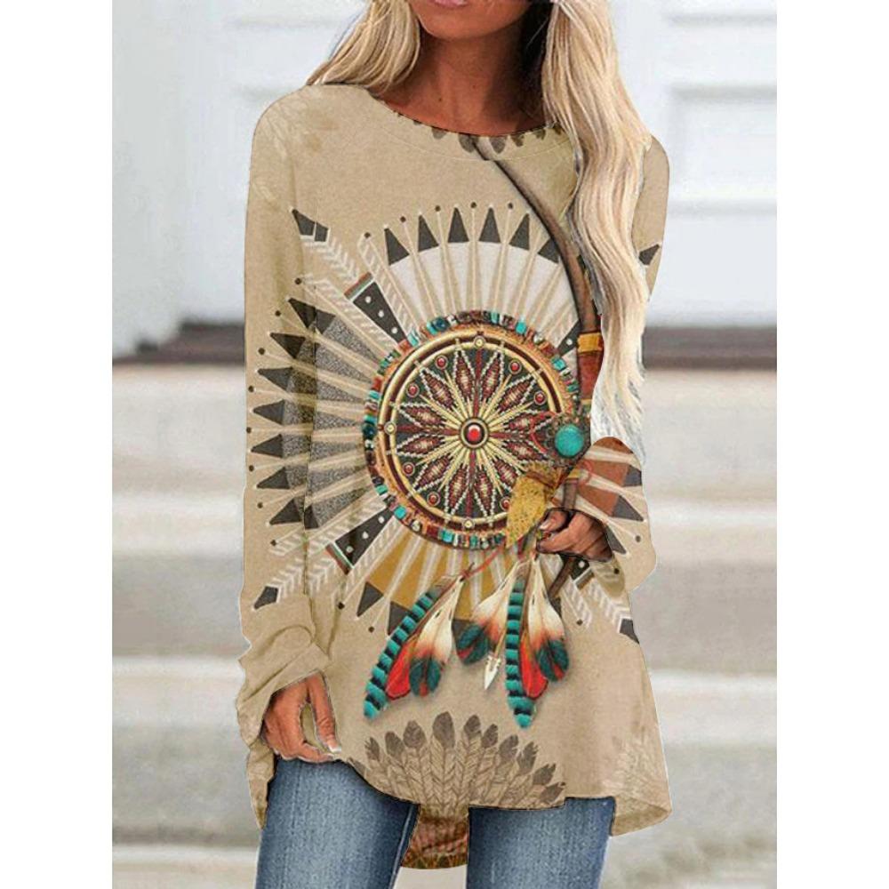 T-shirt z nadrukiem 3D Koszulki Damska Moda T-shirt Długi Rękaw Etniczne Top Topy Nadruk Natywny T-shirt Długie Top Damskie