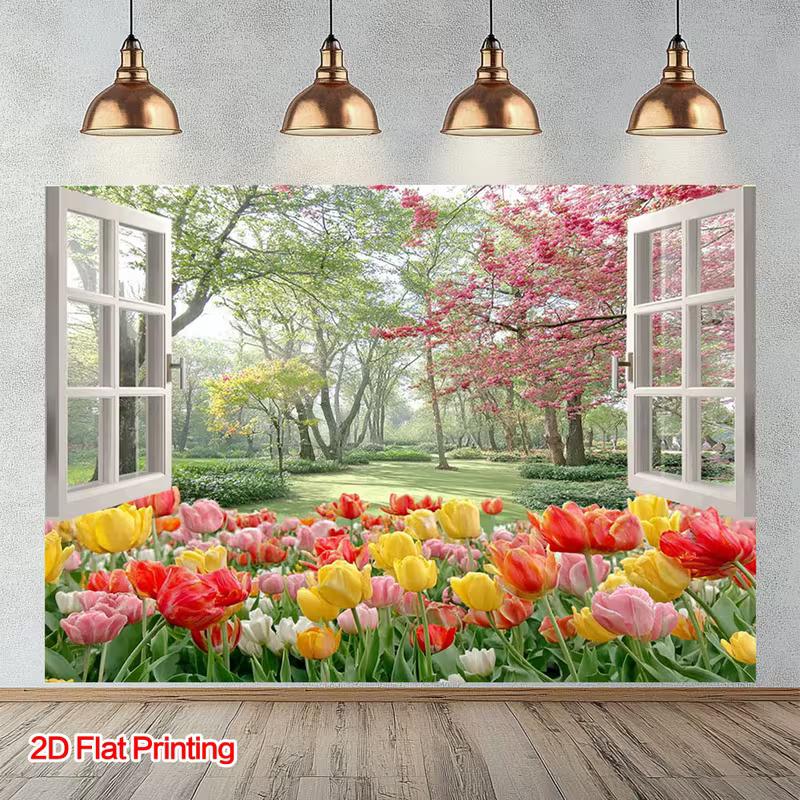 2D Spring Tulip Forest Wall Art Sticker Window View Home Background Cloth
