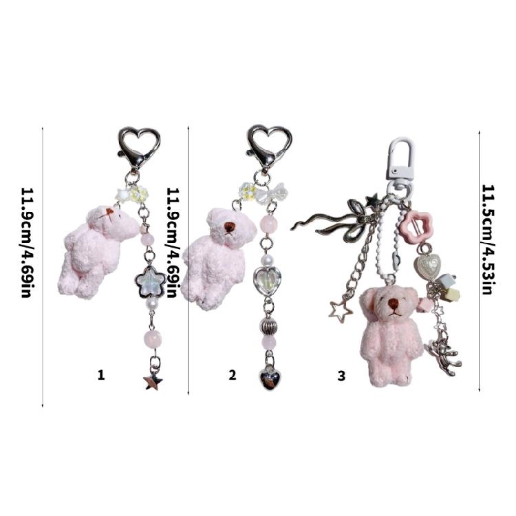 Bead Chain Adorned Bear Keyring Plush Animal Keychain Pendant Handmade Phone Charm Unique Gift for Children and Teens