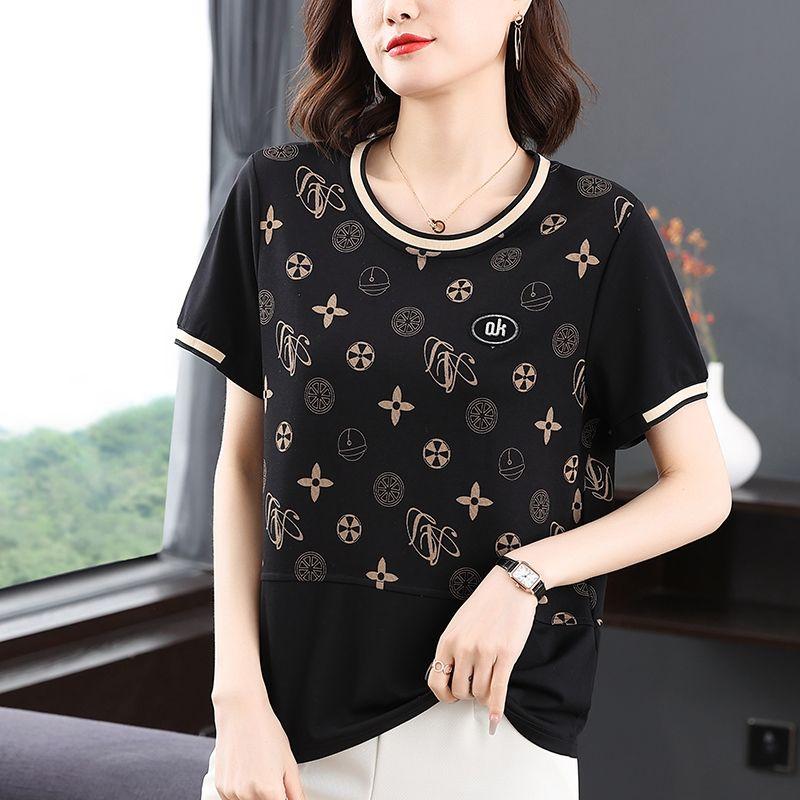 Loose T-shirt Middle-aged Mother Dress Versatile Slim Black Short-sleeved Printed Top  Women T-shirt