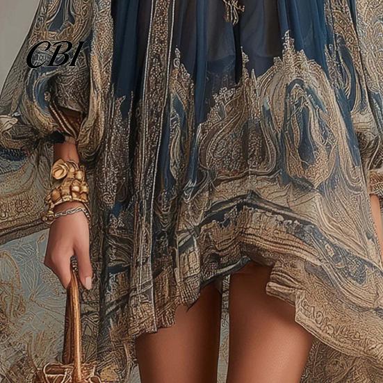 Lantern Sleeve Dress Boho Floral Print High Neck Irregular Chiffon Mini for Women, Smocked Neckline Long Flowy Party Cocktail Dress, Summer