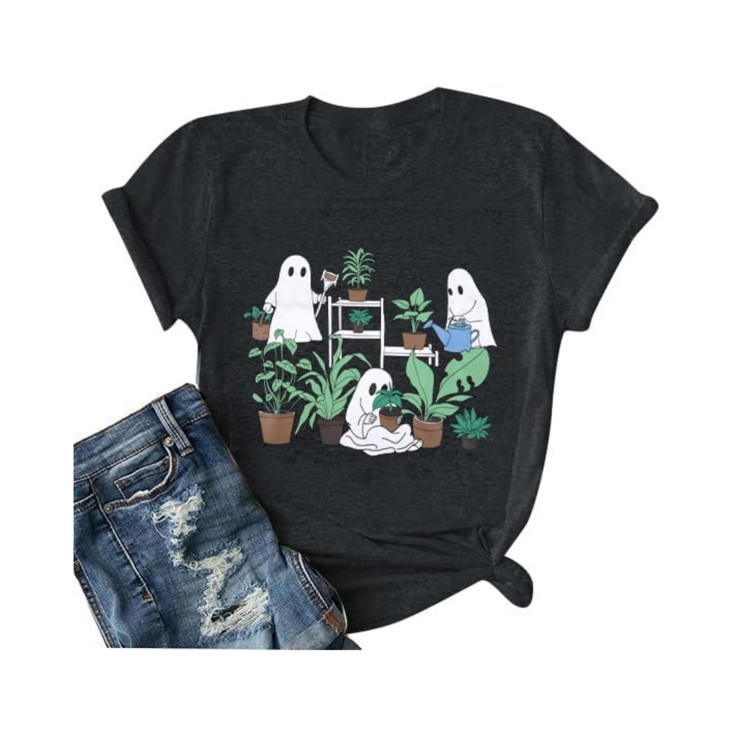 Halloween Ghost Shirt Women Plant Ghost Graphic Tshirt Funny Spooky Plant Lover T-Shirt Gardening Short Sleeve Tee Top 01232 XXXXXL чёрный