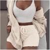 Women's Loose Fit Three Piece Loungewear Long Sleeve Fuzzy Cardigan V Neck Tank Drawstring Waist Shorts Winter Solid Tracksuit