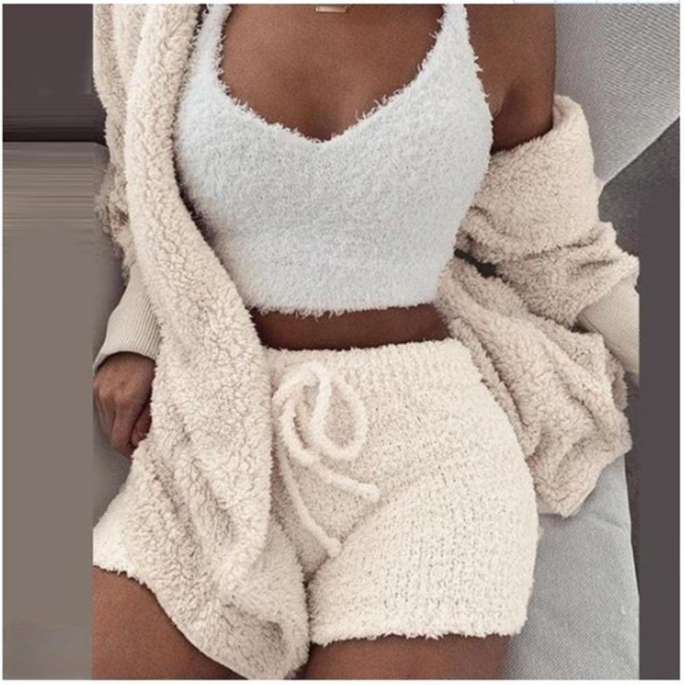 Women's Loose Fit Three Piece Loungewear Long Sleeve Fuzzy Cardigan V Neck Tank Drawstring Waist Shorts Winter Solid Tracksuit
